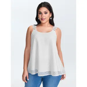 BLOOMCHIC Women's Plus Size Sleeveless Lace Trim Flowy Tank Top - Smooth Polyester Fabric, Patchwork Garment, Comfortable Fit, Casual 2026 Summer Pick for Curvy Women's Clothes