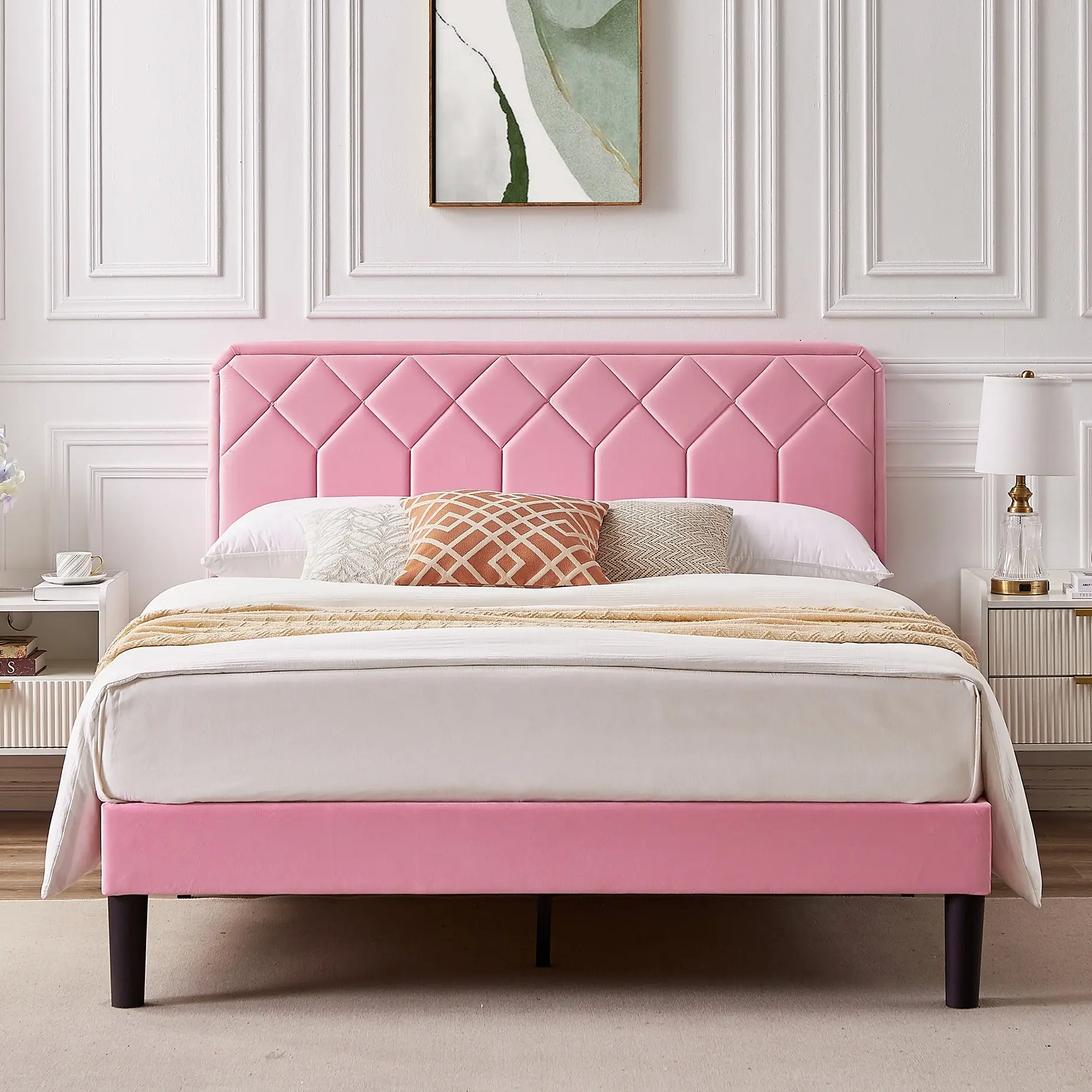 VECELO Upholstered Bed Frame Platform Queen Twin Full Size Bed with Velvet Headboard Strong Wooden Slats Noise-Free,No Box Spring Needed,Easy Assembly