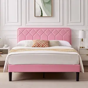 VECELO Upholstered Bed Frame Platform Queen Twin Full Size Bed with Velvet Headboard Strong Wooden Slats Noise-Free,No Box Spring Needed,Easy Assembly