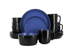 Elama Bacarra 16 Piece Stoneware Dinnerware Set in Two Tone Black and Blue