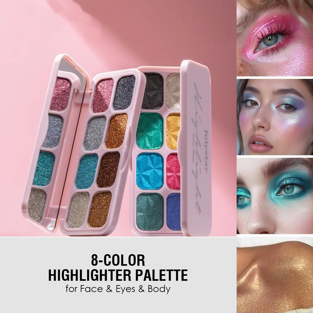 All-in-One 8 Color Highlights Makeup Palette, Eye Shadow Palette, Purple Rainbow Glitter, Golden Glitter Shimmer, Glitter Eyeshadows