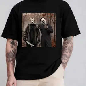 Jason Wallace and Michael Myers Printed T-shirt Friday the 13th Unisex Short Sleeves Bold Print Movie Style Soft Polyester Cotton Blend Classic Fit Halloween Streetwear T-Shirt Fathers Day Gift Ideas for Guys TikTok Shop Deals Unisex Scary Movie Top summe