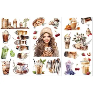 Rub on Transfer Decal Sticker for Furniture Craft Decor 6"x12" Girl with Milk Tea and Coffee, 3Pcs Waterproof UV DTF Transfer Sticker for Dresser Fridge Glass Porcelain Plastic