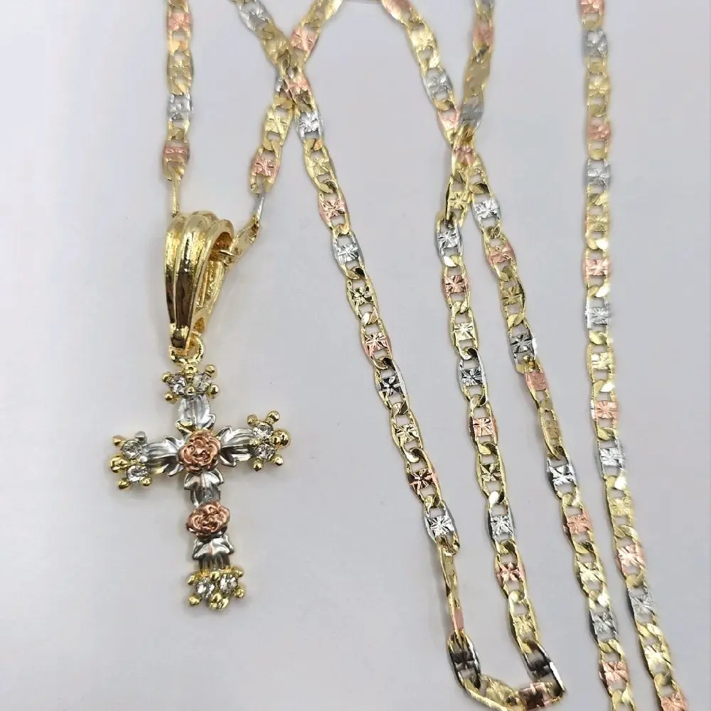 CROSS WITH ROSE'S silver & pink  fancy necklace design three colors Gold-plated 24"inches clear stone's
