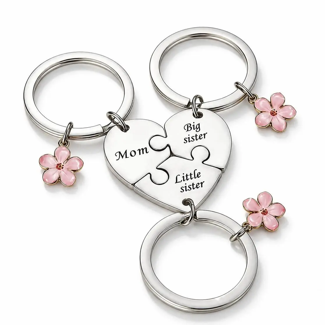 Mother Daughter Matching Puzzle Keychain Set, 3PCS Pink Flower Rhinestone Heart Puzzle Piece Keychains for Mom & 2 Daughters, Backpack Purse Charm, Sweet Meaningful Gift for Mom, Birthday, Christmas