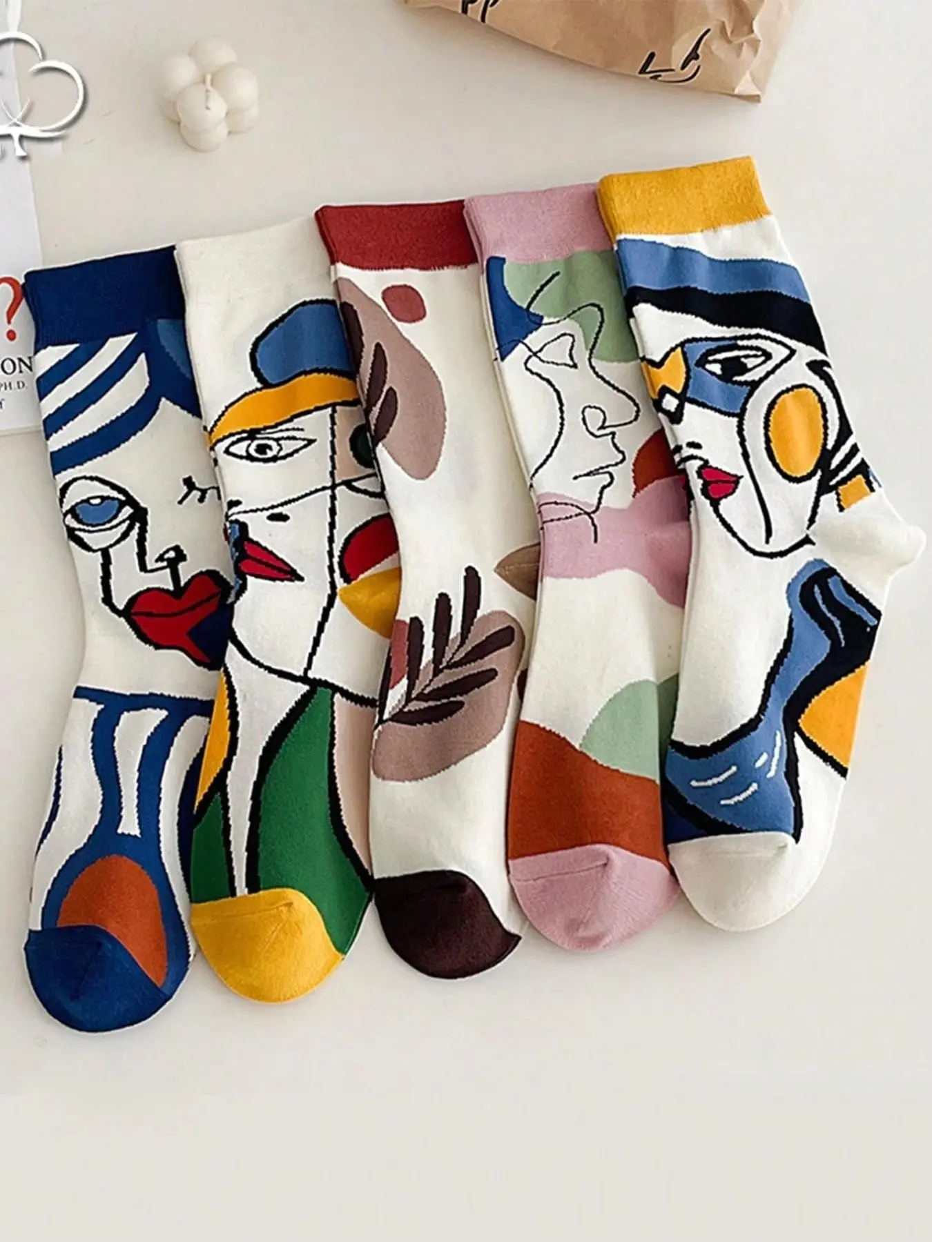Men's Colorful Face & Line Pattern Mid-Calf Socks, Abstract Graffiti Socks, Anti-Odor Sweat Absorbent, High-Waisted Fashion Socks for All Seasons