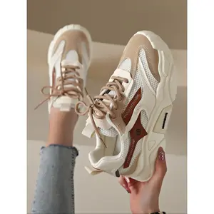 Women's Fashionable Color-block Mesh Design Chunky Sneakers, Casual Breathable Lightweight Outdoor Sports Shoes, Female All-match Round Toe Shoes for Daily Wear, Colorblock Sneakers