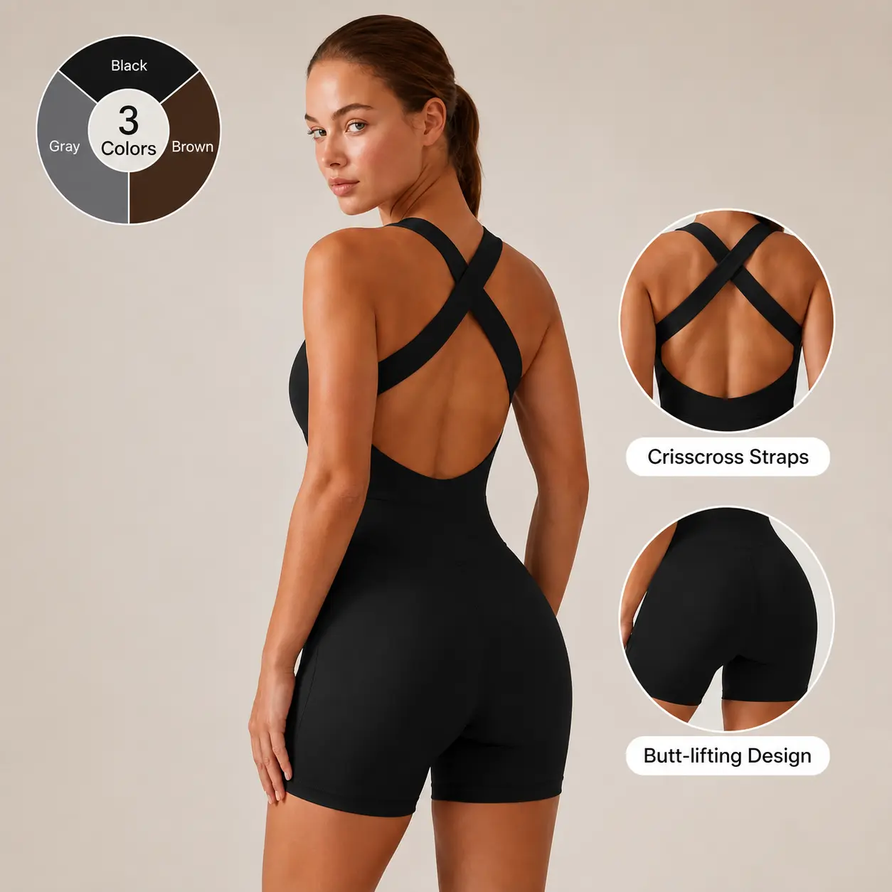 Women Yoga Romper Open Back Workout Onesie Nylon Spandex