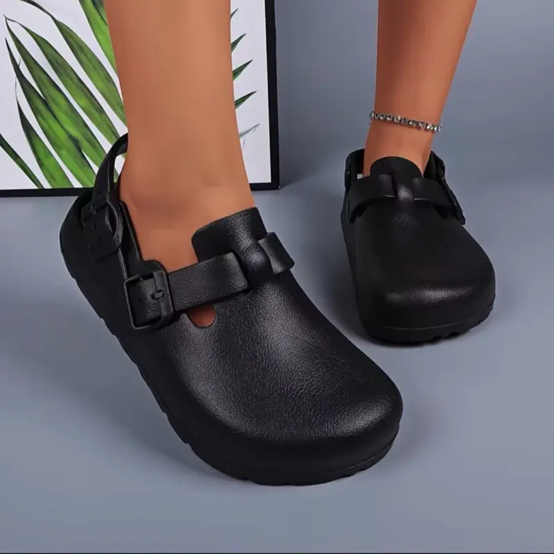 Unisex Solid Color Clogs with Adjustable Flat Buckle Round Toe Flat Design Retro Fashion Footwear Classic Comfortable Stylish Cork Footbed
