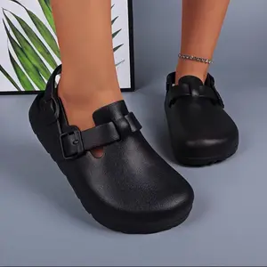 Unisex Solid Color Clogs with Adjustable Flat Buckle Round Toe Flat Design Retro Fashion Footwear Classic Comfortable Stylish Cork Footbed