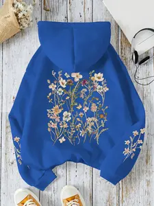 Women's Hooded Drawstring Loose Sweatshirt, Floral Print, Kangaroo Pocket, Comfortable Casual Wear, Fall & Winter Fashion