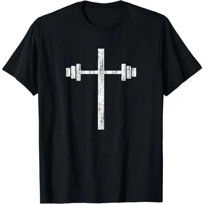 Unisex Christian Jesus Cross Barbell Dumbbell Gym T-Shirt - Active Top, Athletic Style Shirt, Bodybuilding Clothing, Casual Comfy Workout Fitness Casual Tshirt, Polyester Clothes