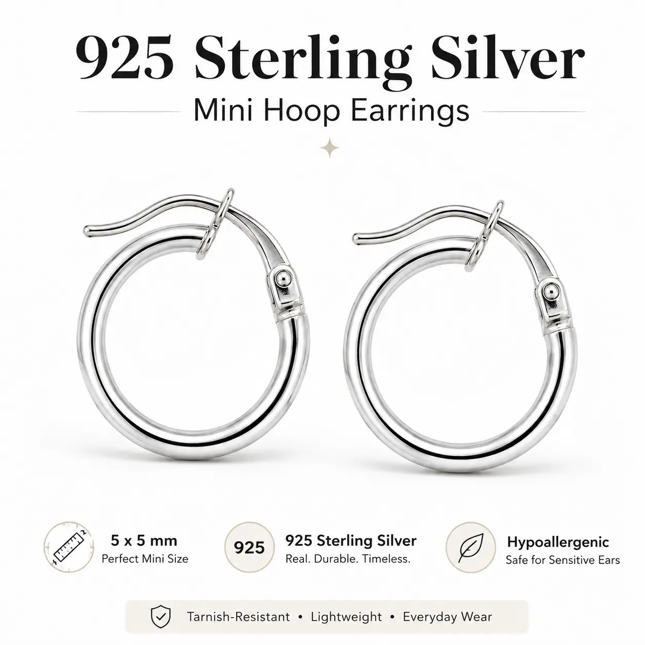 925 Sterling Silver 5x5mm Mini Hoop Earrings – Tiny Lightweight Huggie Hoops for Women & Girls