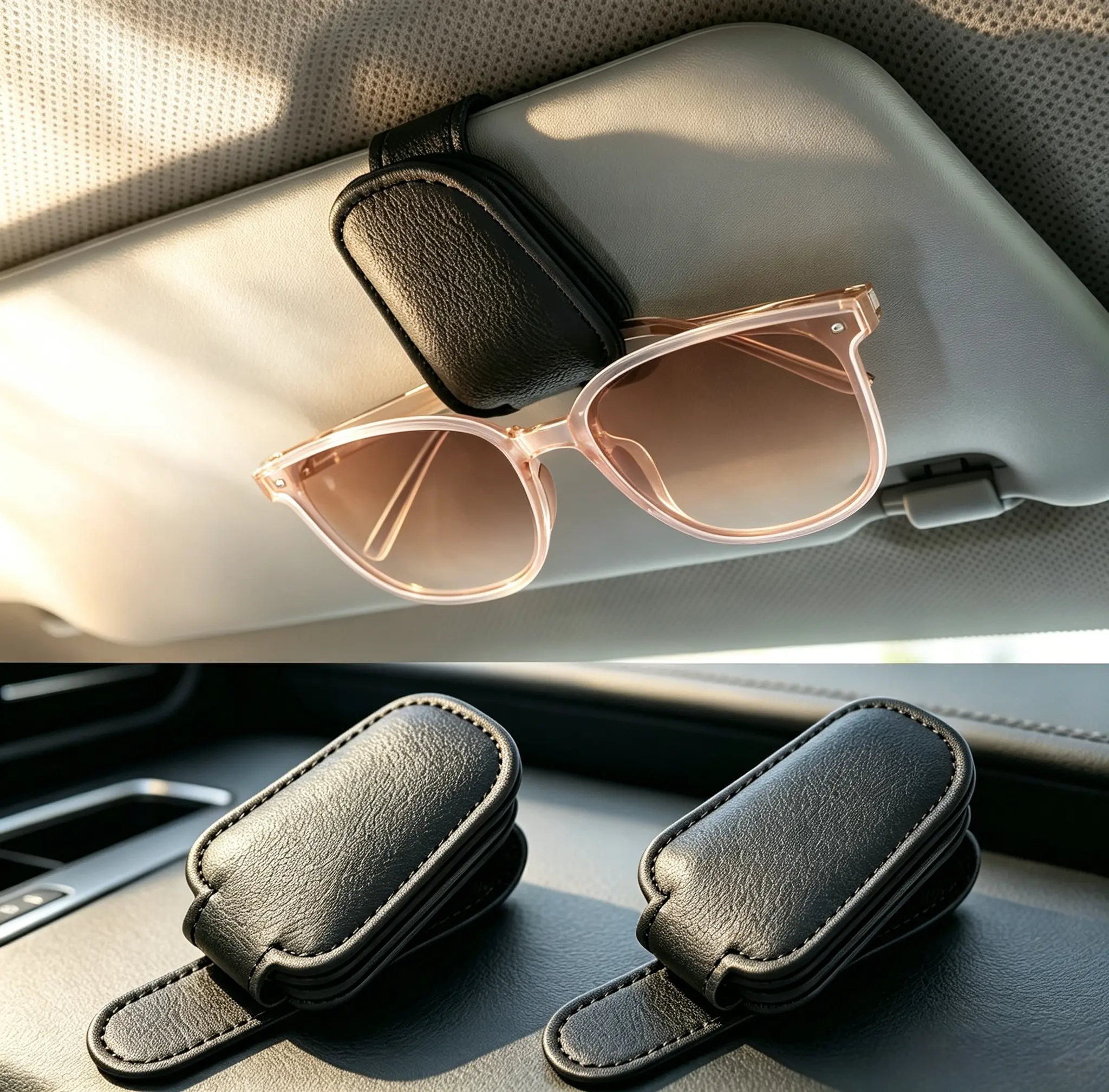2-in-1 Magnetic Leather Car Sun Visor Organizer - Car Organization Supplies, Sunglasses Holder,Credit Card Storage Clip, Practical Accessory, Black & Gray Options, Sold Individually, Car Accessories