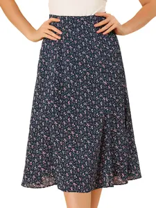 INSPIRE CHIC Floral Midi Skirt Peasant Elastic Waist A-Line Ditsy Leave Print Skirts Navy Pink