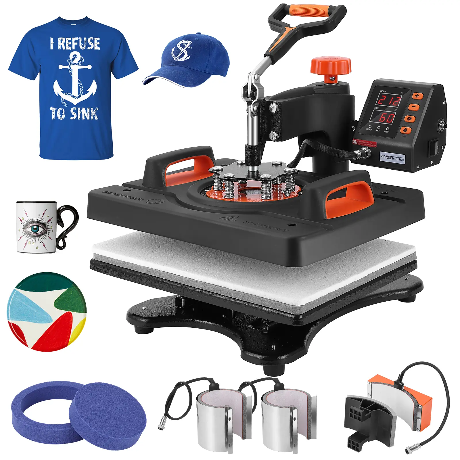 6-in-1 Combo Heat Press Machine, 12x15in Swing-Away Sublimation Tool with Dual Heating Tubes & 360-Degree Rotation for DIY Cotton/Nylon T-Shirts, Caps, Mouse Pads, Jigsaw Puzzles