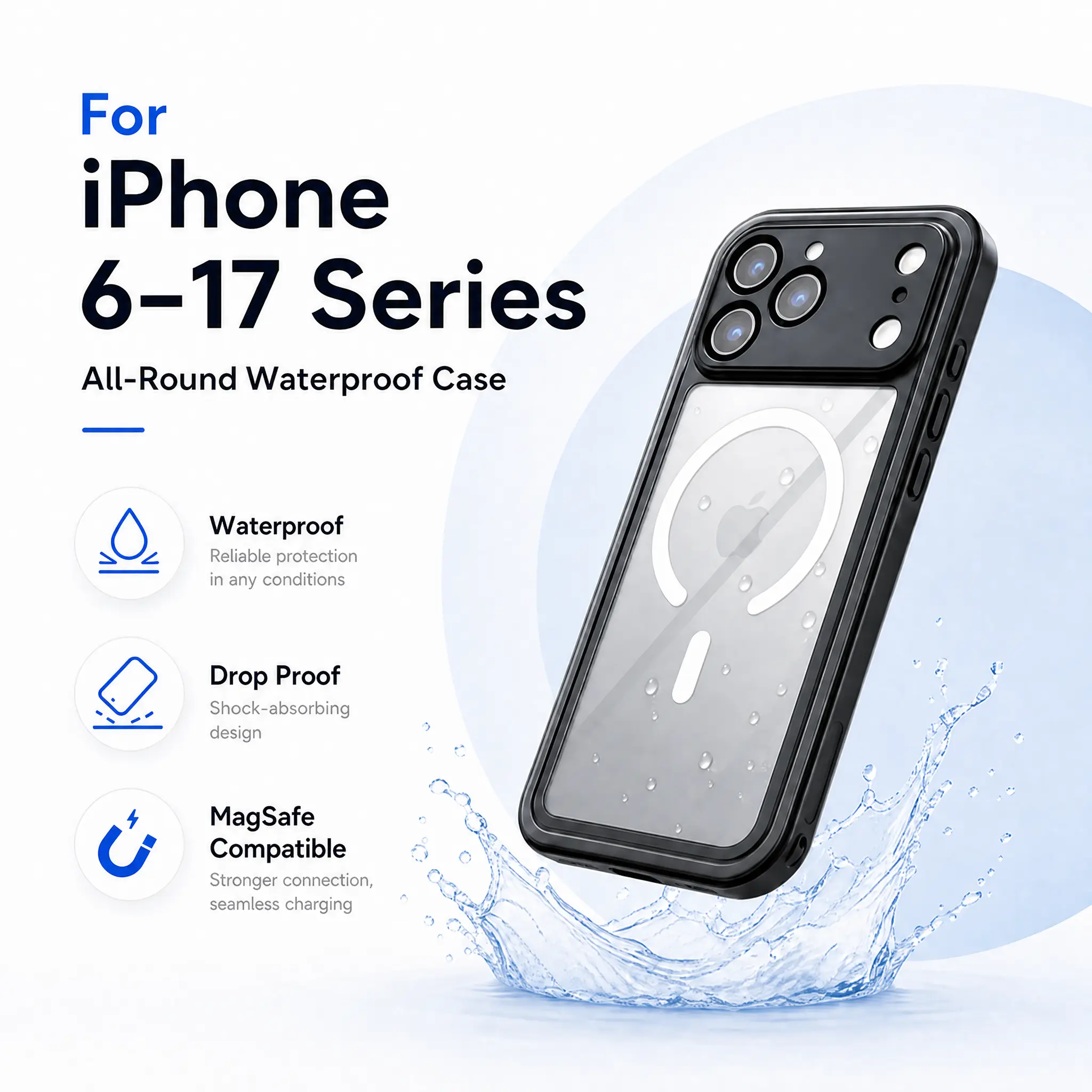 Heavy Duty Waterproof Phone Case for iPhone 6-17 Pro Max, 360° Full Body Shockproof Dustproof Cover with Magnetic Lens Protection, Durable All-Inclusive Smartphone Case transparent tpu
