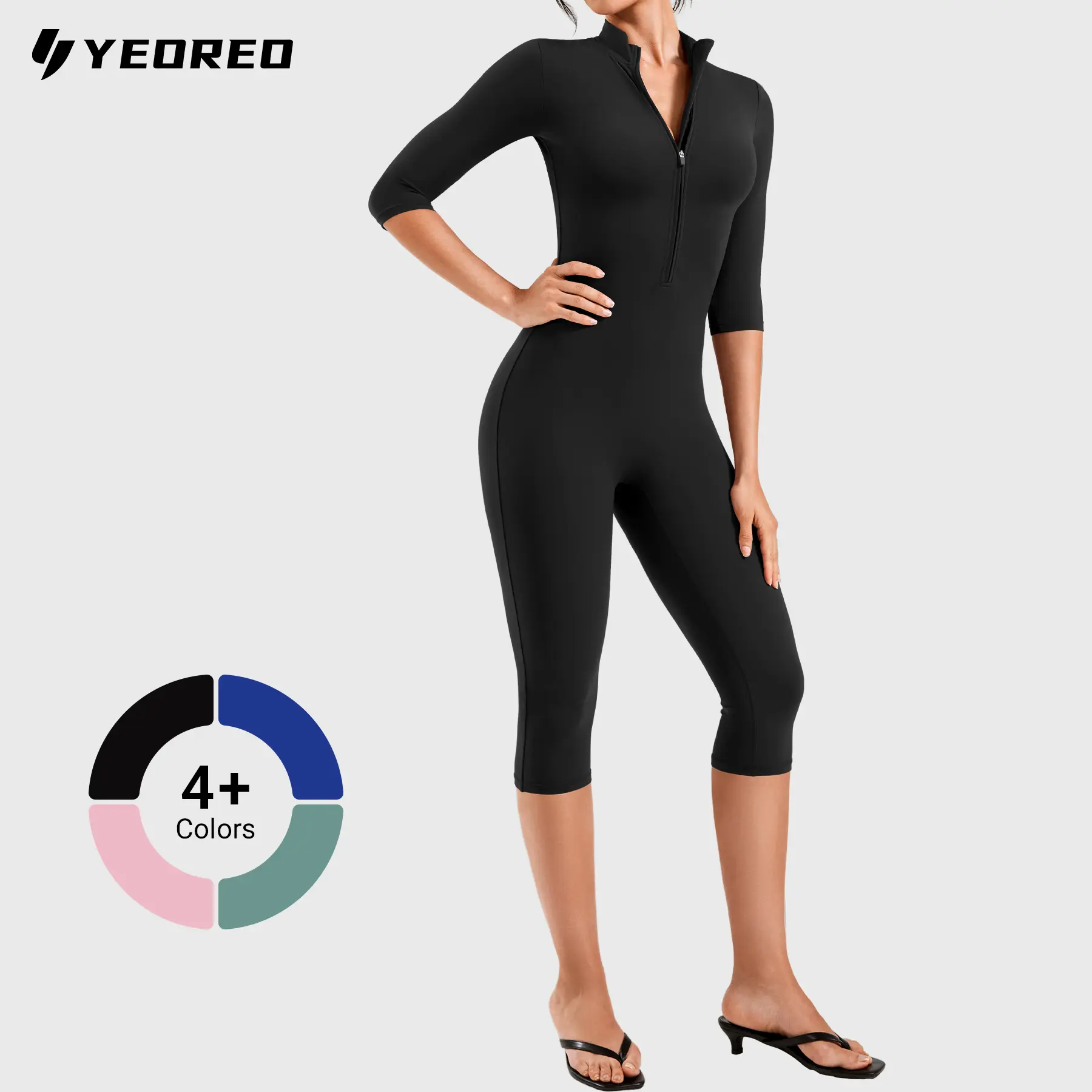 YEOREO Women's Sleek Sculpting Workout Jumpsuit, Zip-Front 3/4 Sleeve Capri Fitness Activewear for Gym in Buttery-Soft Fabric, Yoga Jumpsuit, Athletic Style Activewear