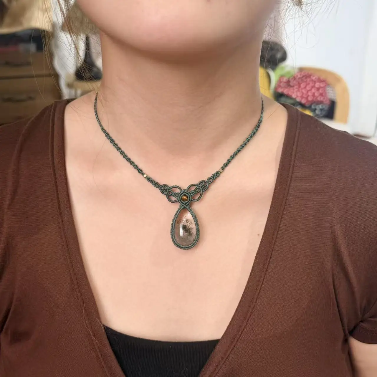 Handcrafted Phantom Quartz Pendant Necklace - Macrame, Boho Ethnic Style, Minimalist Elegance, Stone of Magic, Custom-Made Made-to-Order Adults Jewelry with Labradorite Accents, Unique Gift, Pendant Design