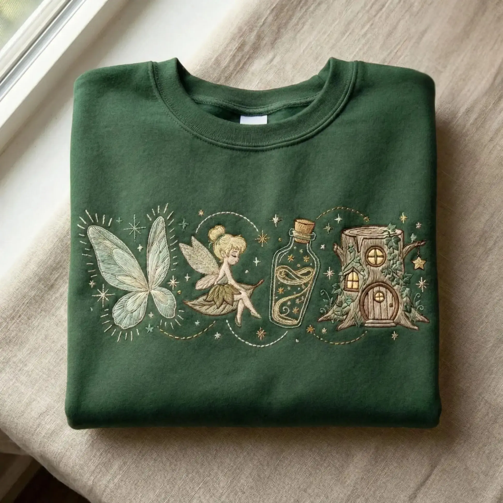 [MADE IN US] Vintage Tinker Bell Embroidered Sweatshirt, Neverland Fairy Magic Kingdom Crewneck, Whimsical Fantasy Pullover for Women, Magical Vacation Gift, Cozy Princess Inspired Shirt