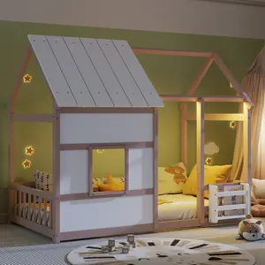 [Bellemave]Twin Size House Floor Bed With 7 Colors LED Light of Nude and White Color