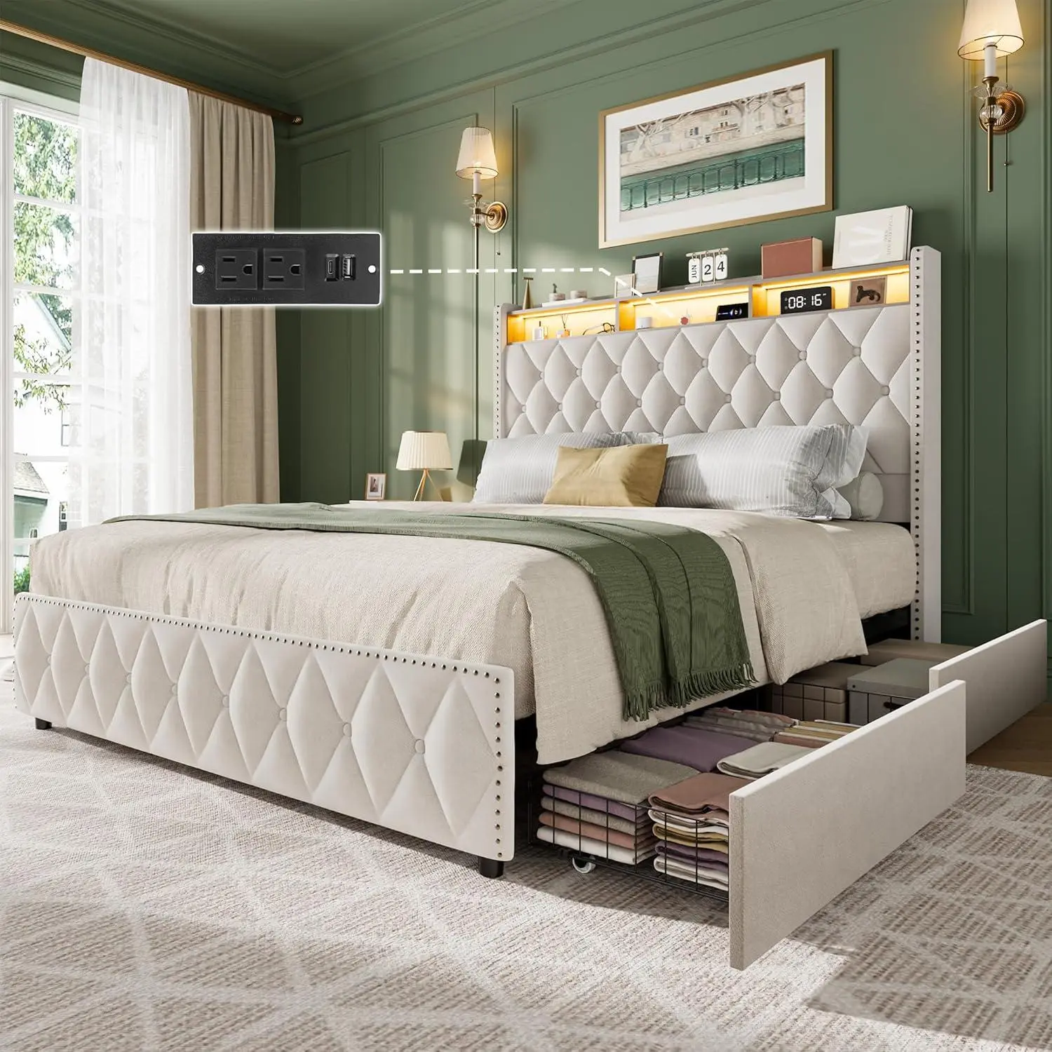 Gaomon Beige Queen Size Bed Frame - 51 in Tall Velvet Upholstered Platform with Nailhead Trim, 4 Storage Drawers, USB Ports, LED Lights, No Box Spring Needed, Easy Assembly (Bed Frame for Queen)
