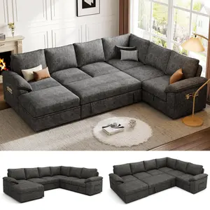 【5 Packages】108 Inch Sectional Sleeper Sofa with Pull Out Bed, U Shaped 7 Seat Modular Sectional Sofa with Storage, Sectional Couches for Living Room, Cloud Modular Couch, Removable Sofa Cover