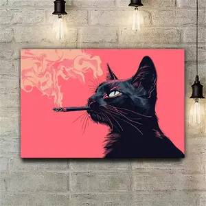 Framed Canvas Art: "The Smoking Cat" — Black Cat-Themed Animal Wall Art. An Ideal Choice for Anniversaries, Home Decor, and Living Rooms. An Exquisite Wall Decoration Piece.