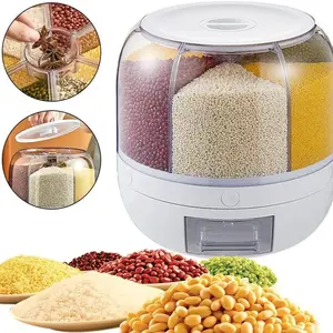 Grain Storage Container Dispenser, 6 Compartment Rotating Rice Dispenser, 360° Rotating Food Dispenser, One-Button Grain Dispenser, Food Storage Set