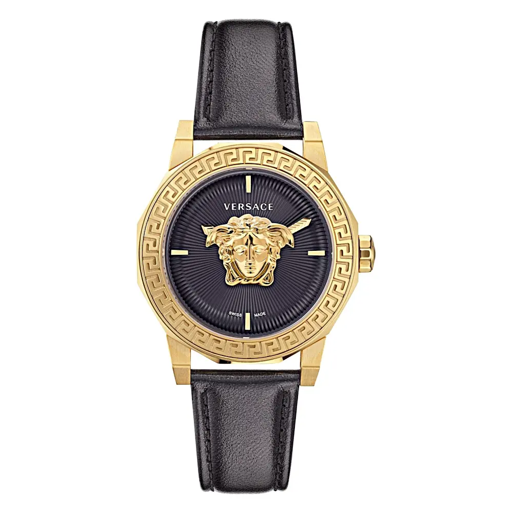 JTV Medusa Deco Watch 38MM Yellow Case Black Guilloche Dial Calf Leather Strap