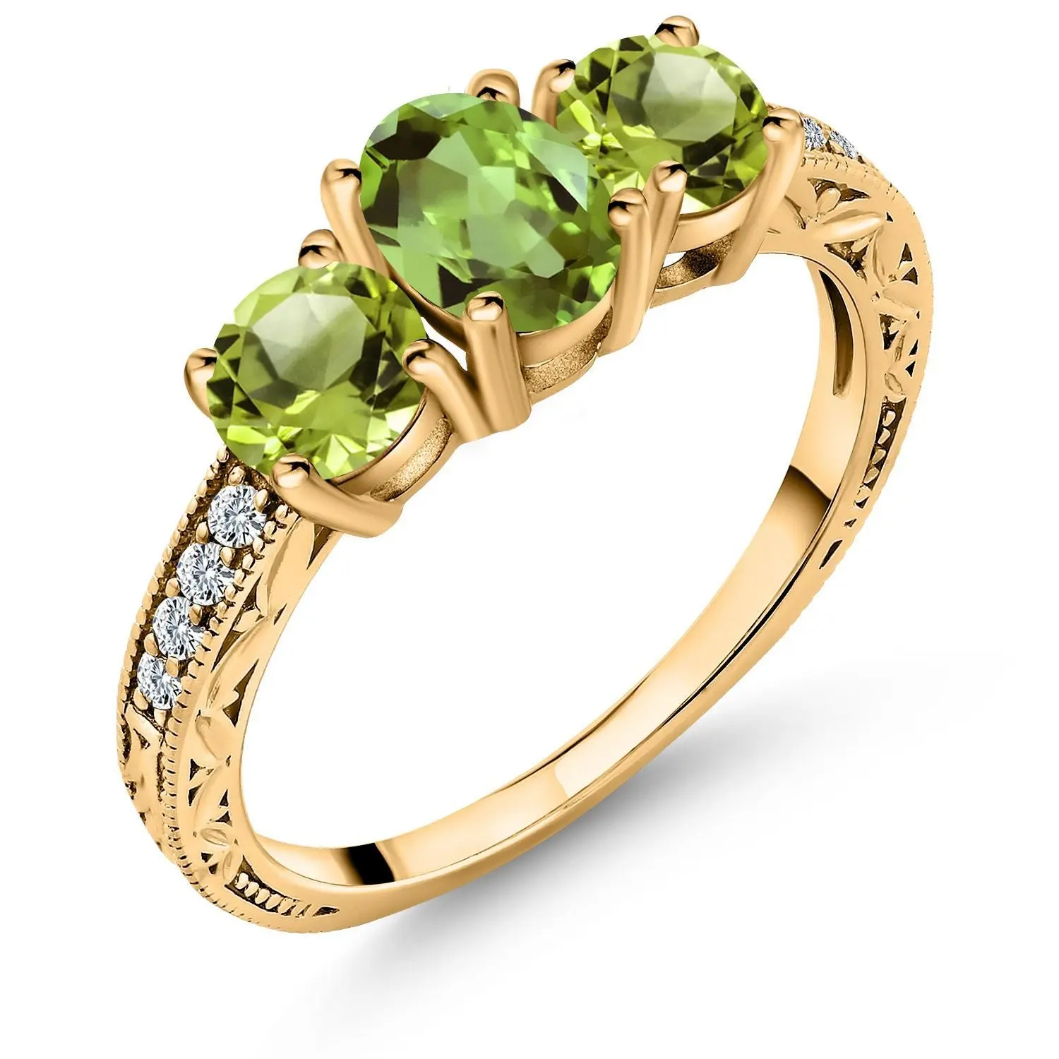 1.92 Cttw Green Peridot 18K Yellow Gold Plated Silver Ring | Gemstone Birthstone | Oval 7X5MM and Round 5MM | Three Stone Wedding Engagement Anniversary Promise Ring For Women