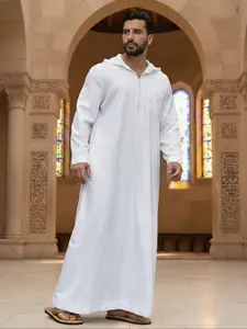 Men's Middle Eastern Traditional Clothing, Islamic Muslim Arabic Style Robe with Zipper Hoodie, Eid Al Fitr Hajj Embroidered Robe, Modesty Thobe