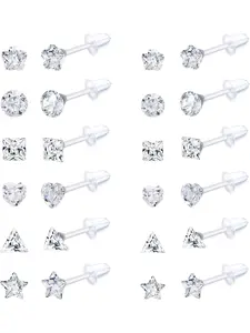 12Pairs Clear Plastic Stud Earrings for Women Acrylic Post Star Heart Rhinestone Ear Studs Piercing Retainers Heart Shape Earrings Dainty Earrings