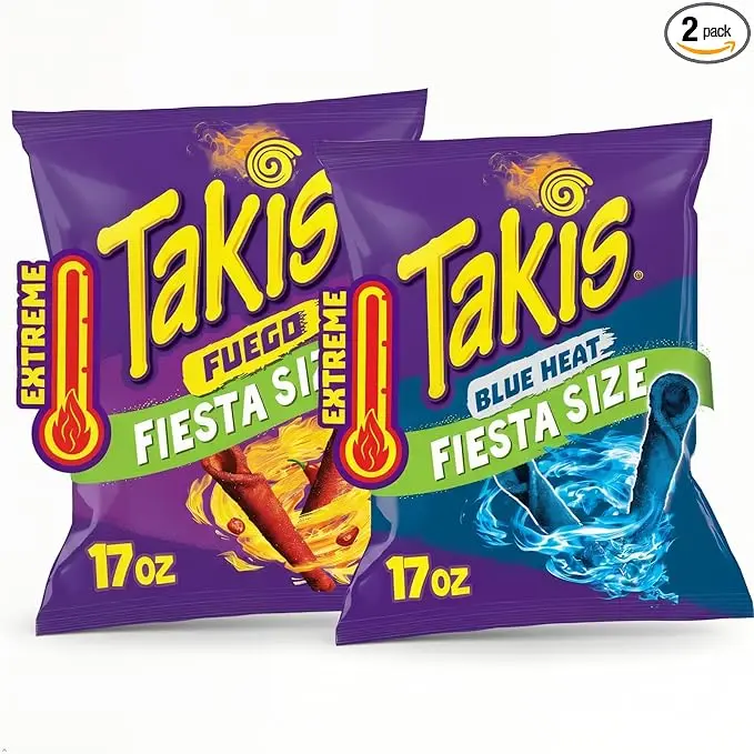 Takis Fuego & Blue Heat Bundle Fiesta Size 17 oz, Hot Chili Pepper Extreme Spicy Rolled Tortilla Chips, Perfect for Party Snacks & Everyday Cravings