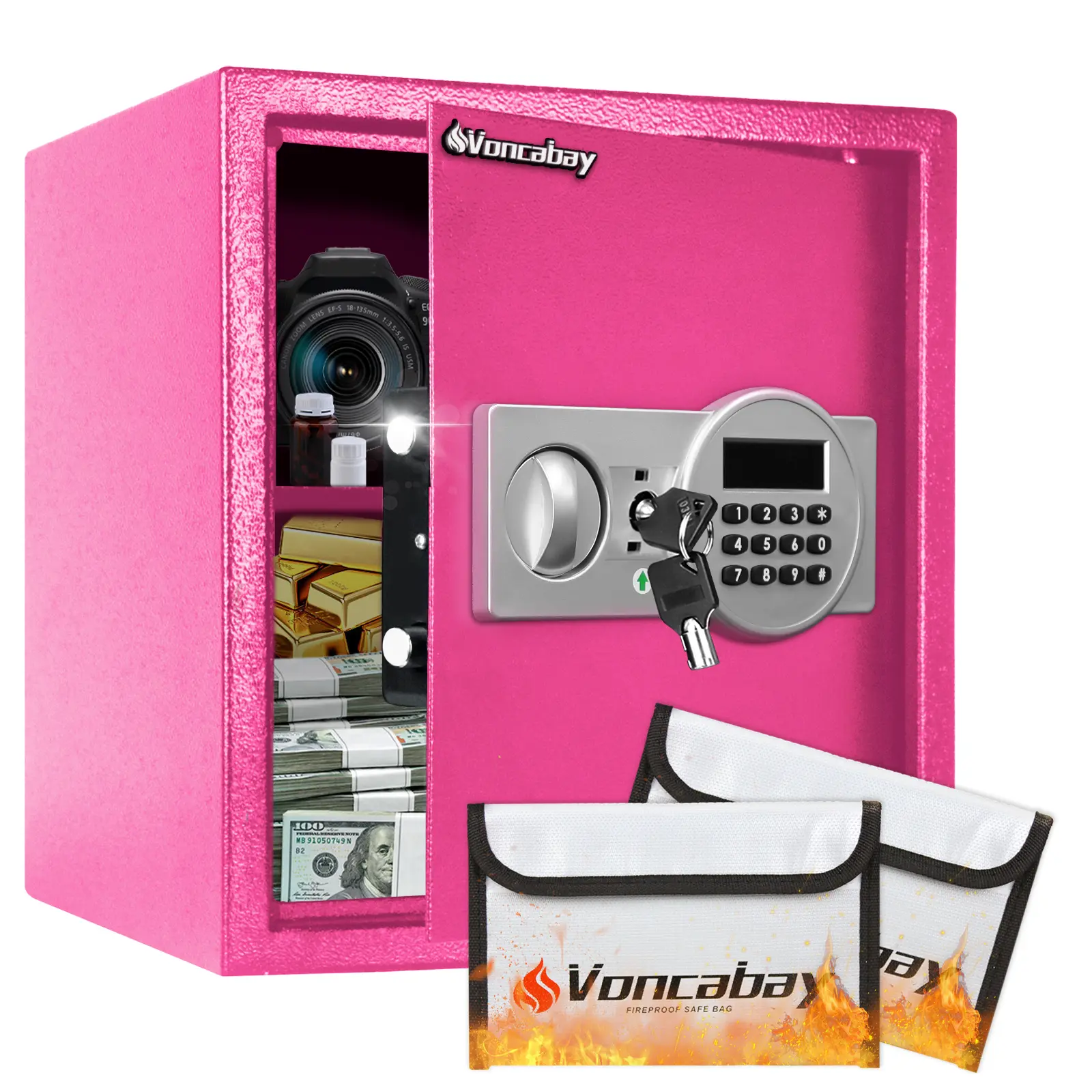 Voncabay Pink Fireproof Safe Box 1.5Cubic Feet with Digital Password & Key Double Lock Reinforced Alloy Steel Protection for Documents Cash Jewelry
