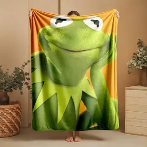 1 piece The classic image of the frog Kermit themed Flannel Throw Blanket - Microfiber comfortable flannel sofa blanket, suitable for beds and sofas, all-season use, modern design, digitally printed pattern, 100% polyester material, machine washable