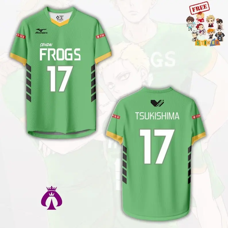 Tsukishima Kei Sendai Frogs Haikyuu Anime Volleyball Jersey Athletic Cosplay Shirt Quick-Dry Breathable Sports Uniform Tee Perfect Gift for Otaku Fans