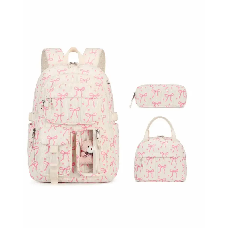 Cute Backpacks for School, Kawaii 3-Piece Girls Set with Lunch Box & Pencil Case, Water-Resistant Nylon Student Daypack for Elementary, Kawaii Backpack, Cute Stylish Daypacks, Student Backpack