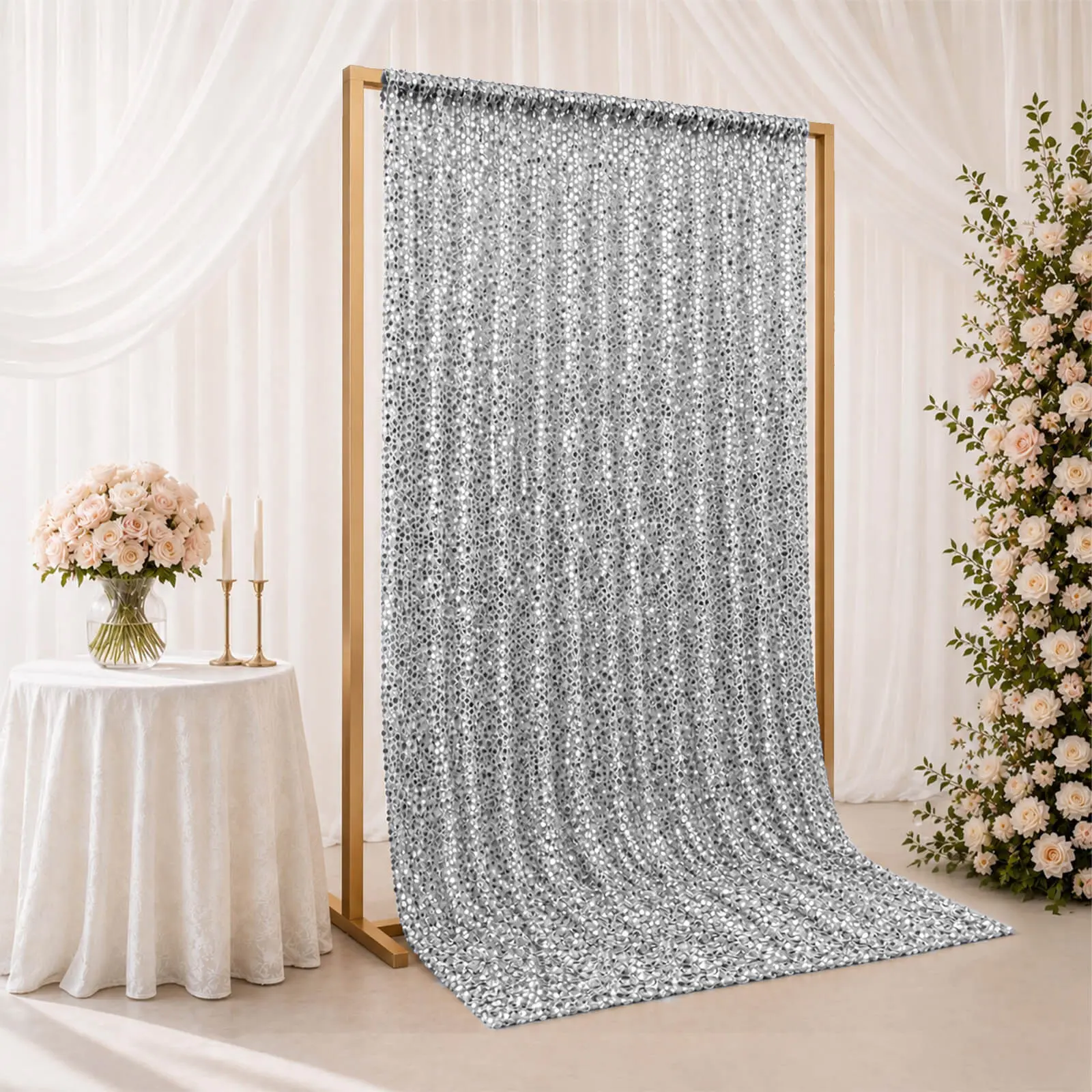 Silver Large Payette Sequin Fabric Backdrop Curtain, 5x12 ft Event Decor Panel with Rod Pocket - Banners for Photographers, Big Round Sequin Backdrop