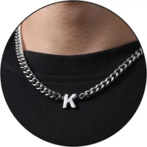 Initial A-Z Cuban Link Chain Necklace for Men Boys Women Letter Pendant Stainless Steel 6.5mm 18+2 Inches  Gift