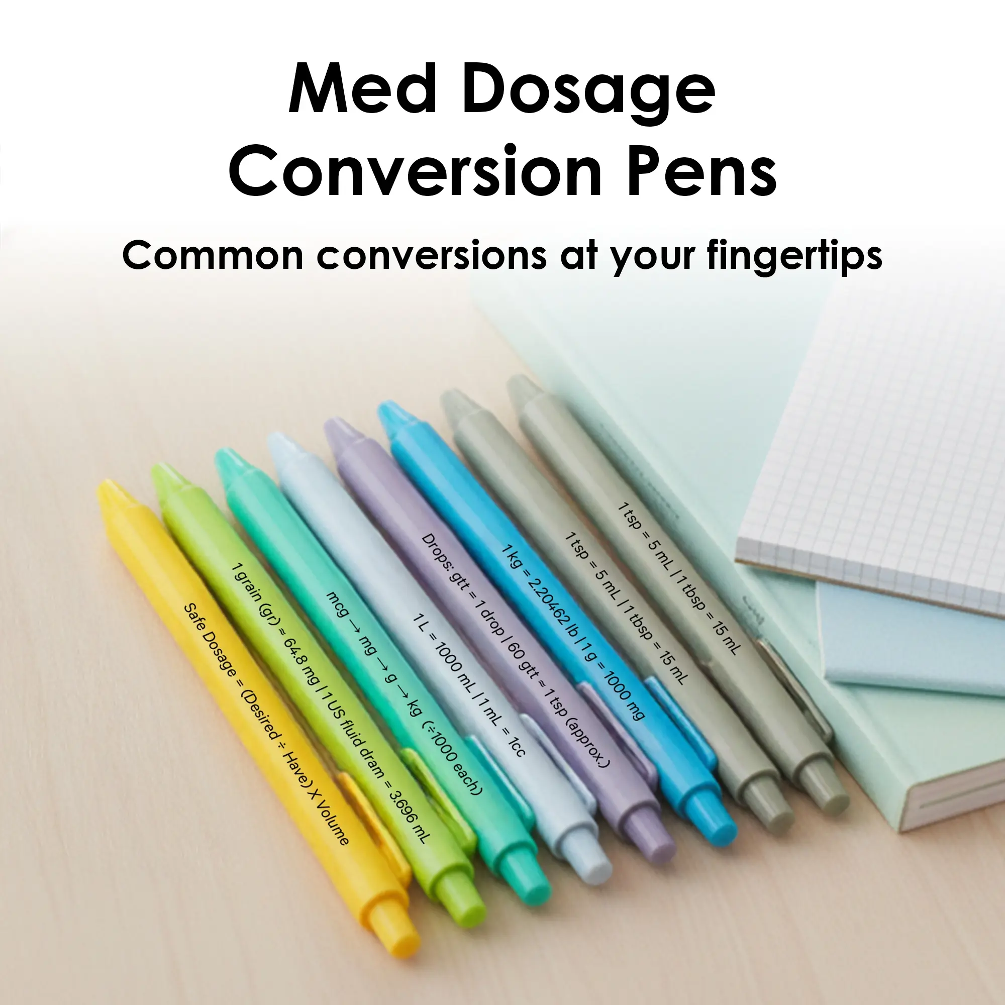 Medical Dosage Calculation Pens - Med Math Nursing School Quick Reference Tools, Colorful & Convenient Healthcare Accessories with Instant Conversions, Nurse Exam Prep Essentials, Multiple Colors