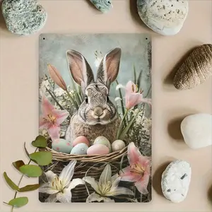1 Count Retro Easter Bunny and Lily Iron Wall Hanging, 8x 12inch Home and Outdoor Decor Rustic 2D Metal Sign, Living Room, Church, Wedding, Room Decoration Festival Spring Festival and Easter Decoration