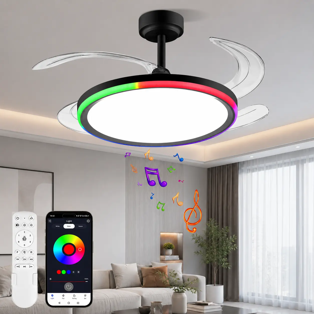【Deals For You Days Sale】SUPERSHINX 42-Inch Slim Retractable Ceiling Fan with RGB Lighting Speaker, Remote & APP Control, 6-Speed, Dimmable, Reversible, Memory Function, Adjustable Settings, Modern Silent Energy-Efficient Fan for Bedroom, Living Room