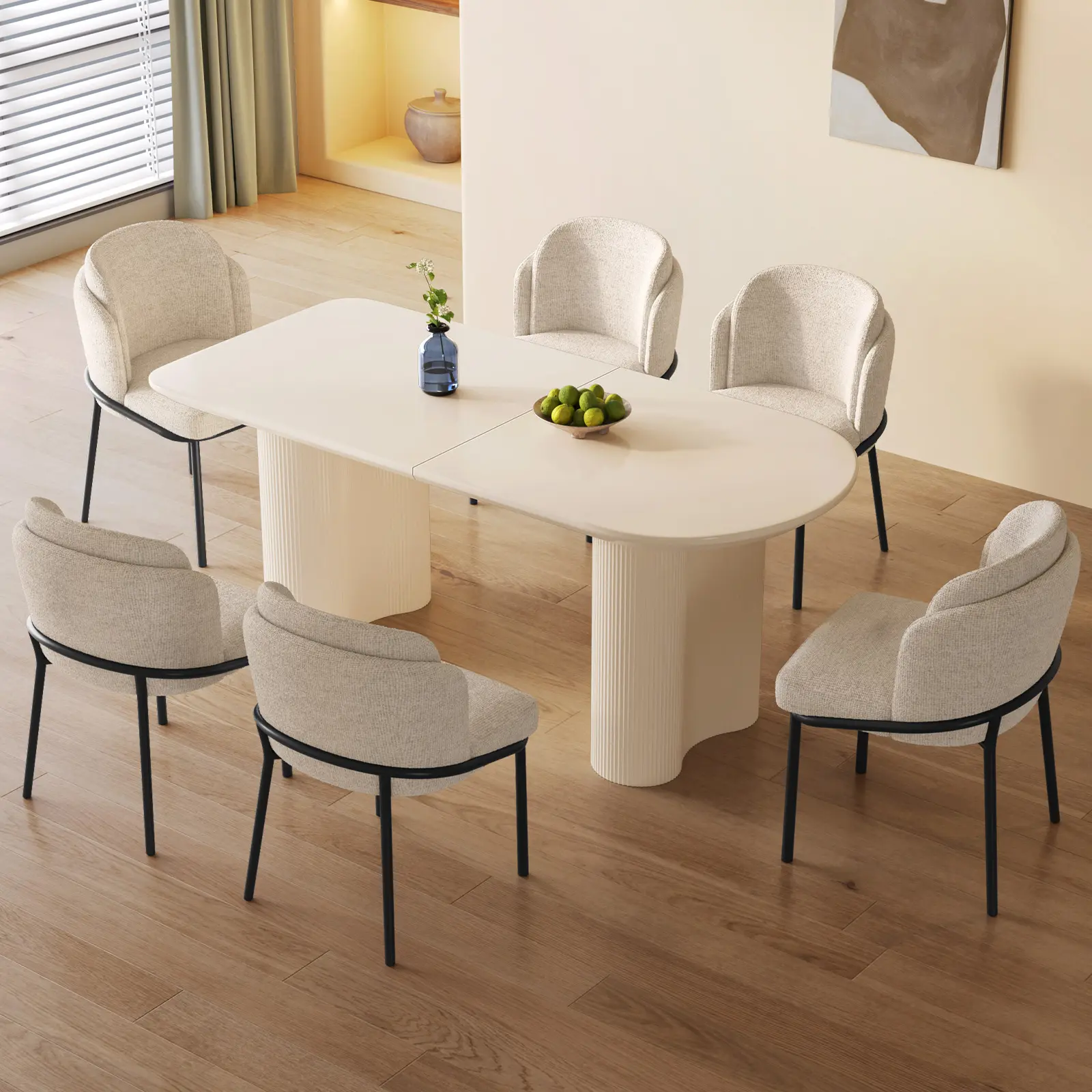 Guyii 63" Cream White Oval Dining Table Set for 4-6 People, Modern Wavy Leg Kitchen Table with Chairs, Minimalist Space-Saving Dining Furniture for Dining Room, Apartment & Small Spaces, Easy Assembly