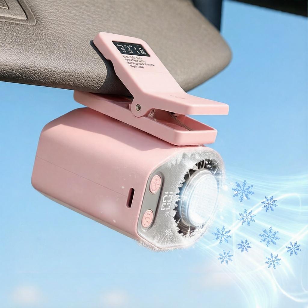 JOYTUTUS 2026 Car Clip On Air Conditioner Fan with LED Display - 360° Rotation, 100 Speeds Adjustable, USB Rechargeable Personal Cooling Fan, 60.8°F Semi-Cooling Wide Clamp 20Hr 3000mAh Battery, 2 Buttons, Left Button for Speed, Right Button for Cooling
