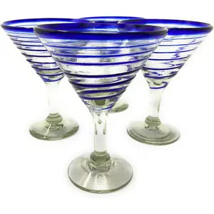 Mexican Hand Blown Glass Set of 4 Modern Hand Blown Margarita Glasses Blue Spiral (12 oz)