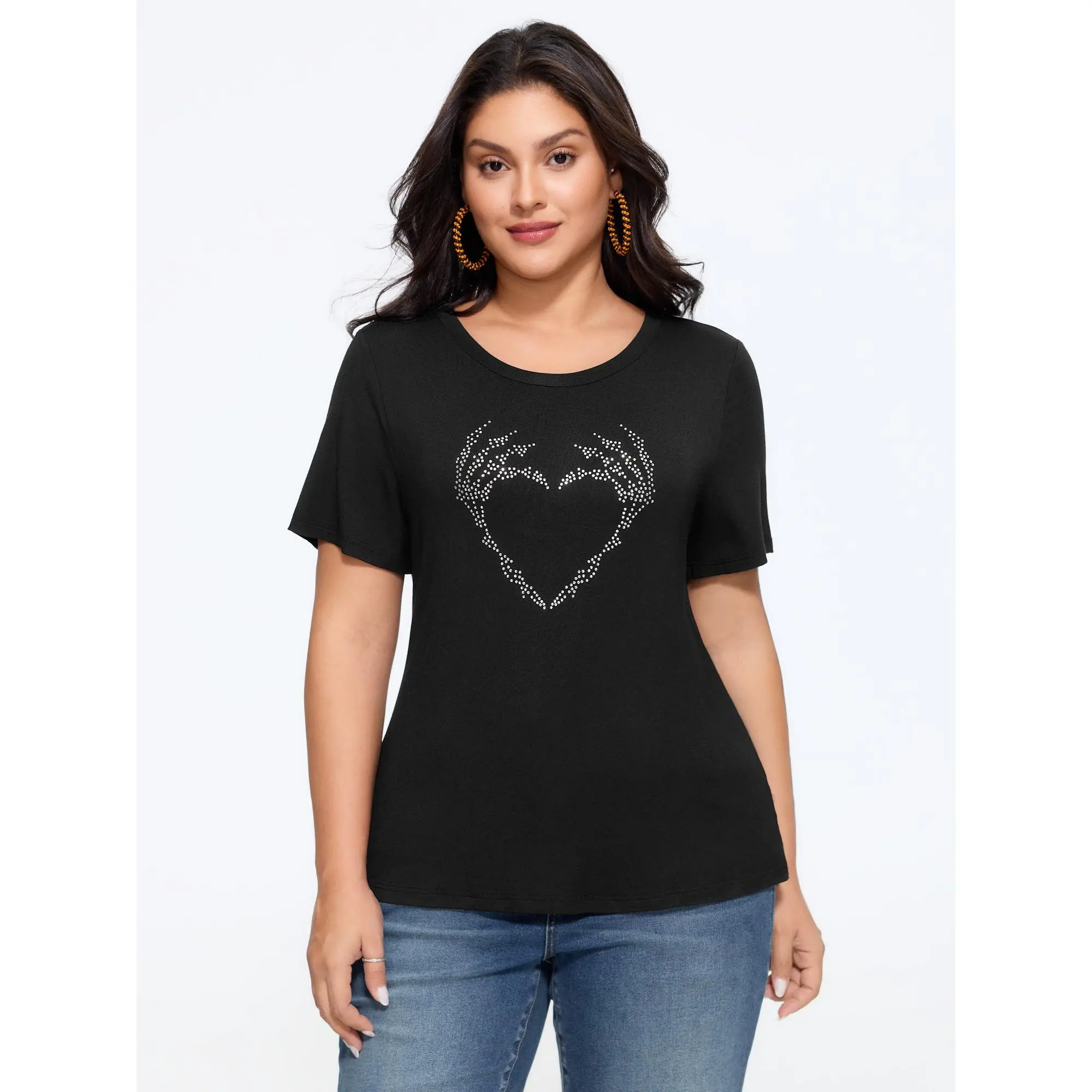 BloomChic Plus Size Rhinestone Skeleton Hand Heart Graphic T-Shirt[M-6X] Back To School,Spotlight Day,Back To School,Fall Pick, Spotlight Day