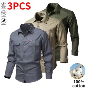 3-pack pure cotton long-sleeve work shirts for men, button-front work/utility tactical shirts suitable for fishing and hunting; casual loose long-sleeve button-up shirts with two pockets, ideal for outdoor hunting. Short Menswear