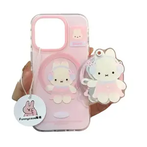The Ins Catmiff Rabbit Magnetic Mirror Stand for Apple 16 Pro Max 15 Pro 14 Creative All-In-One Phone Case with Cute Bunny Design & Magnetic Stand for Hands-Free Viewing pink color
