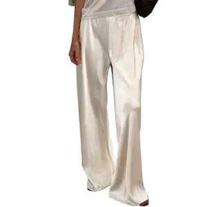 Women’s satin wide-leg dress, long silk casual dress, long floral trousers, elastic high-waisted trousers GARMENTARY